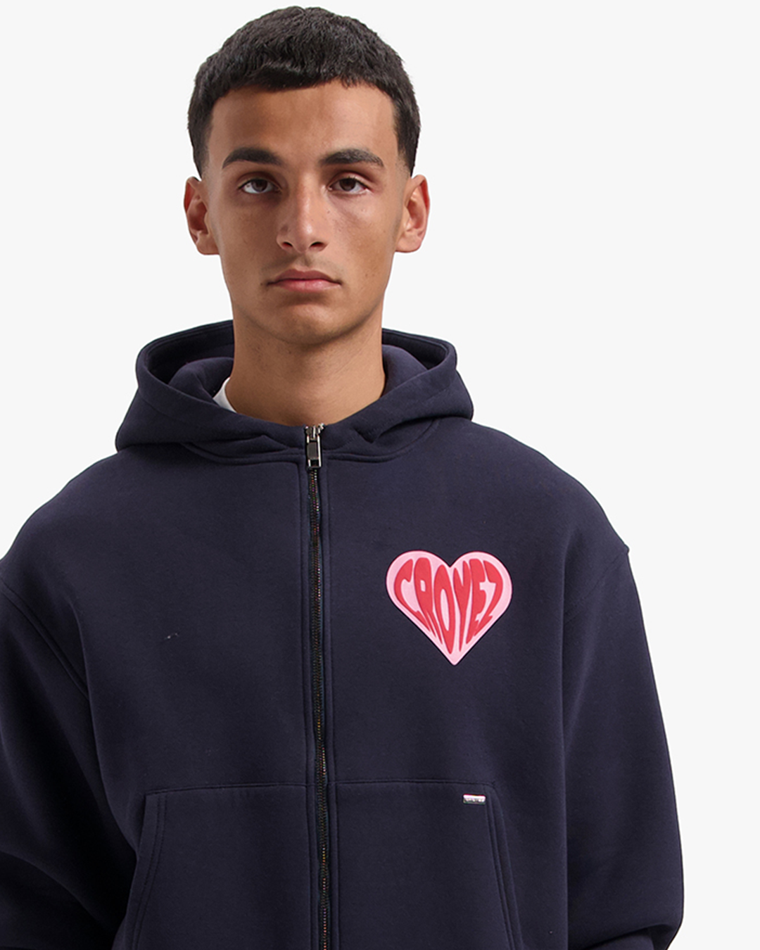 CROYEZ PUFFED HEART ZIP HOODIE | NAVY/RED