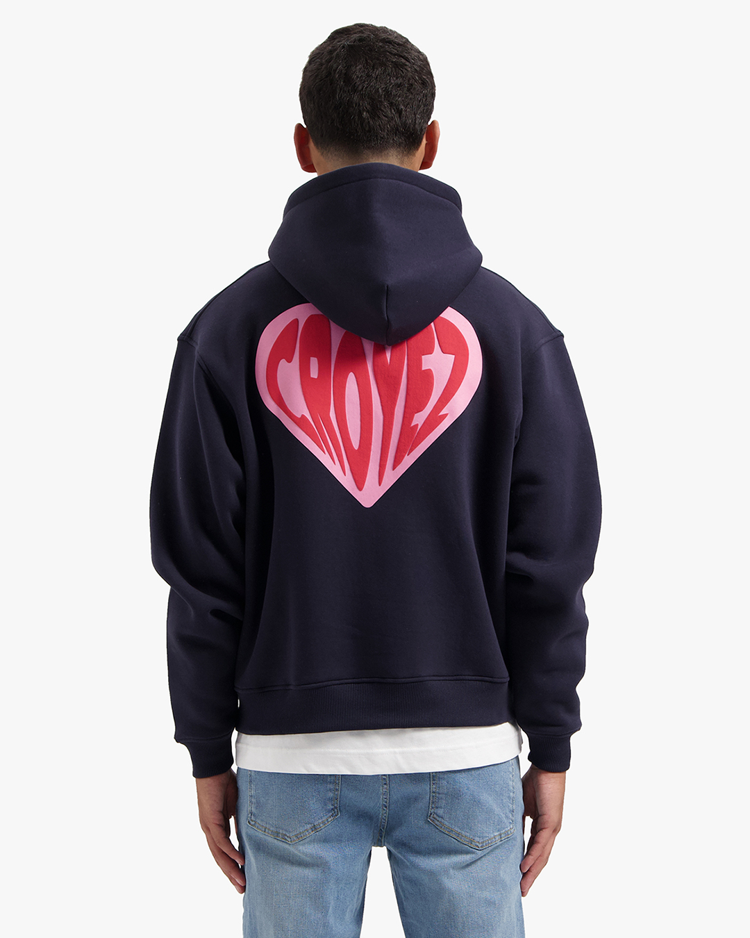 CROYEZ PUFFED HEART ZIP HOODIE | NAVY/RED