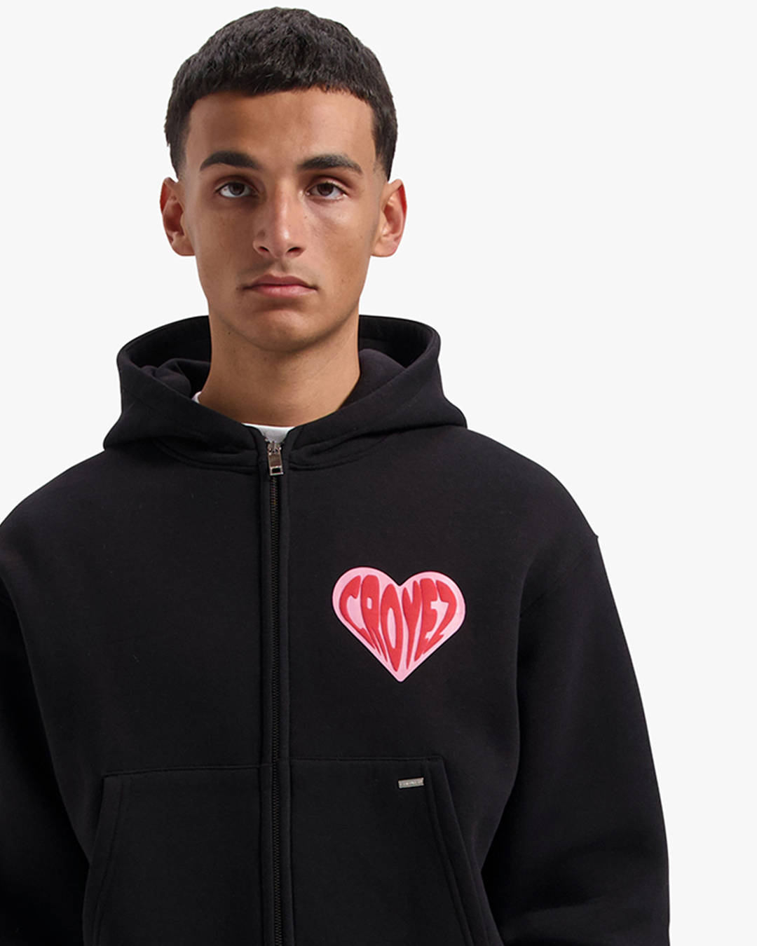 CROYEZ PUFFED HEART ZIP HOODIE | BLACK/RED