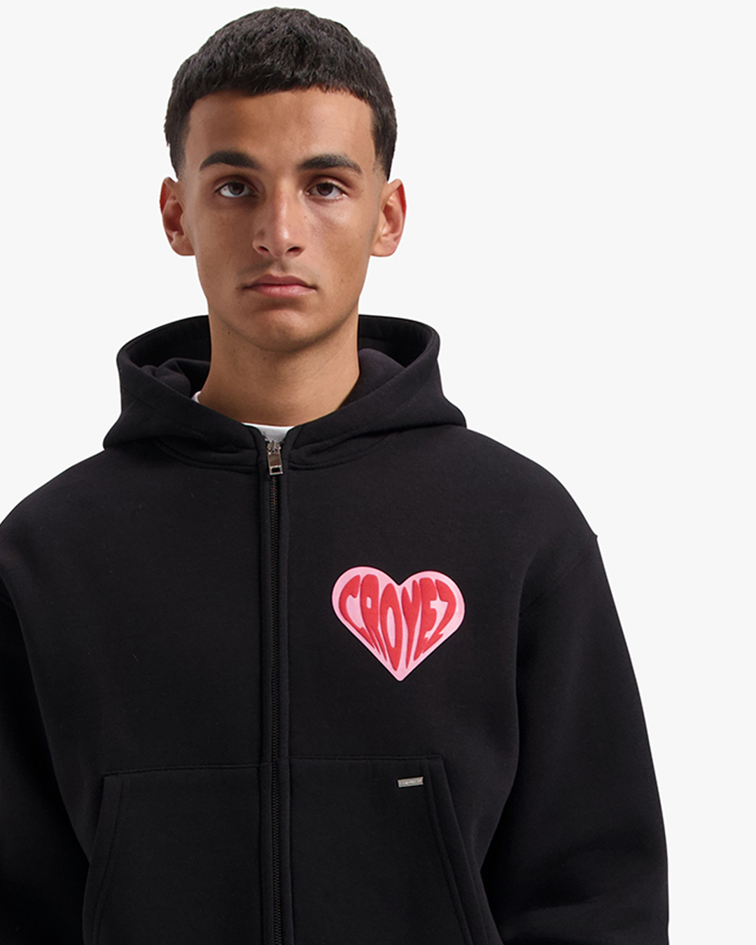 Croyez Puffed Heart Zip Hoodie | Black/Red