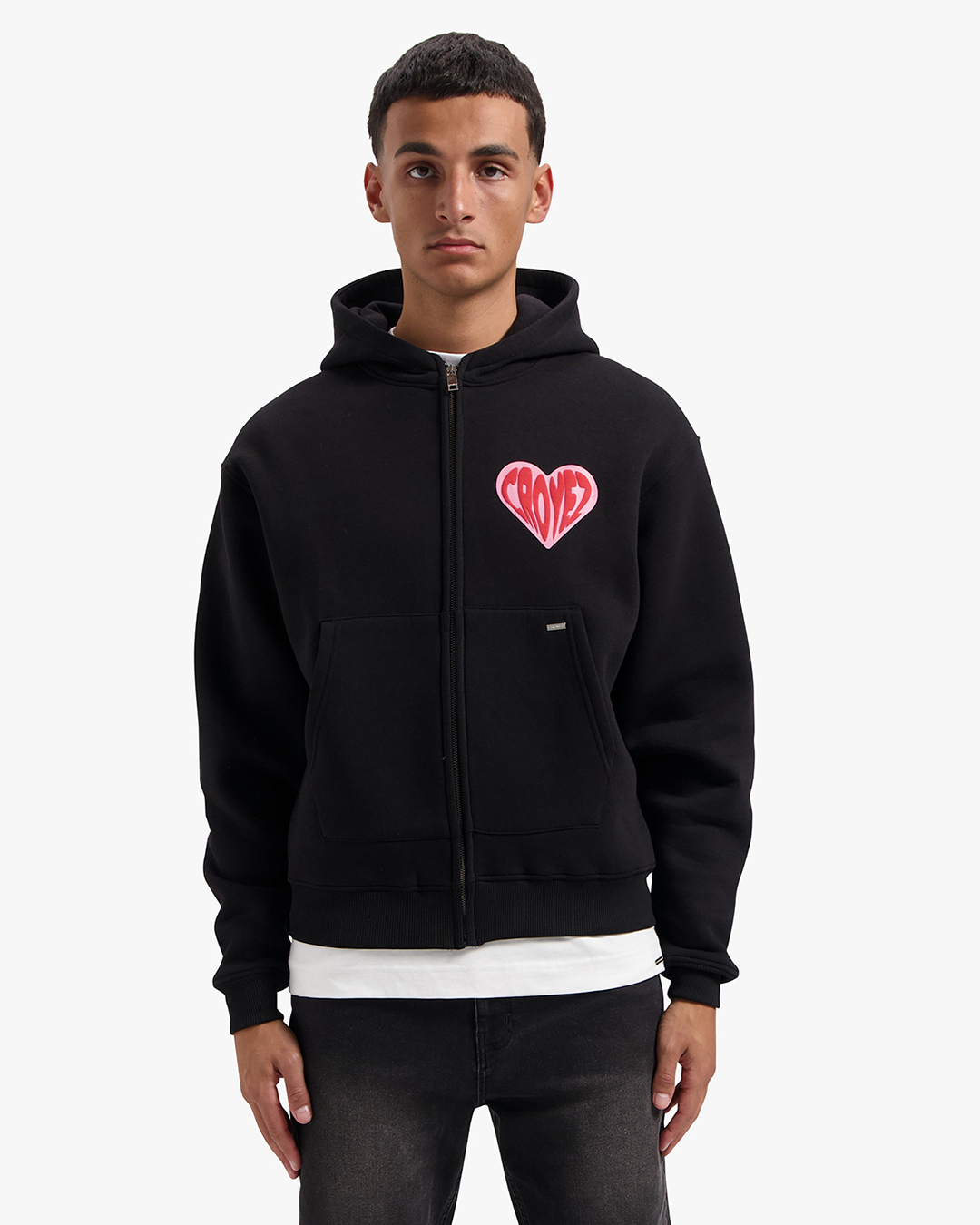 Croyez Puffed Heart Zip Hoodie | Black/Red