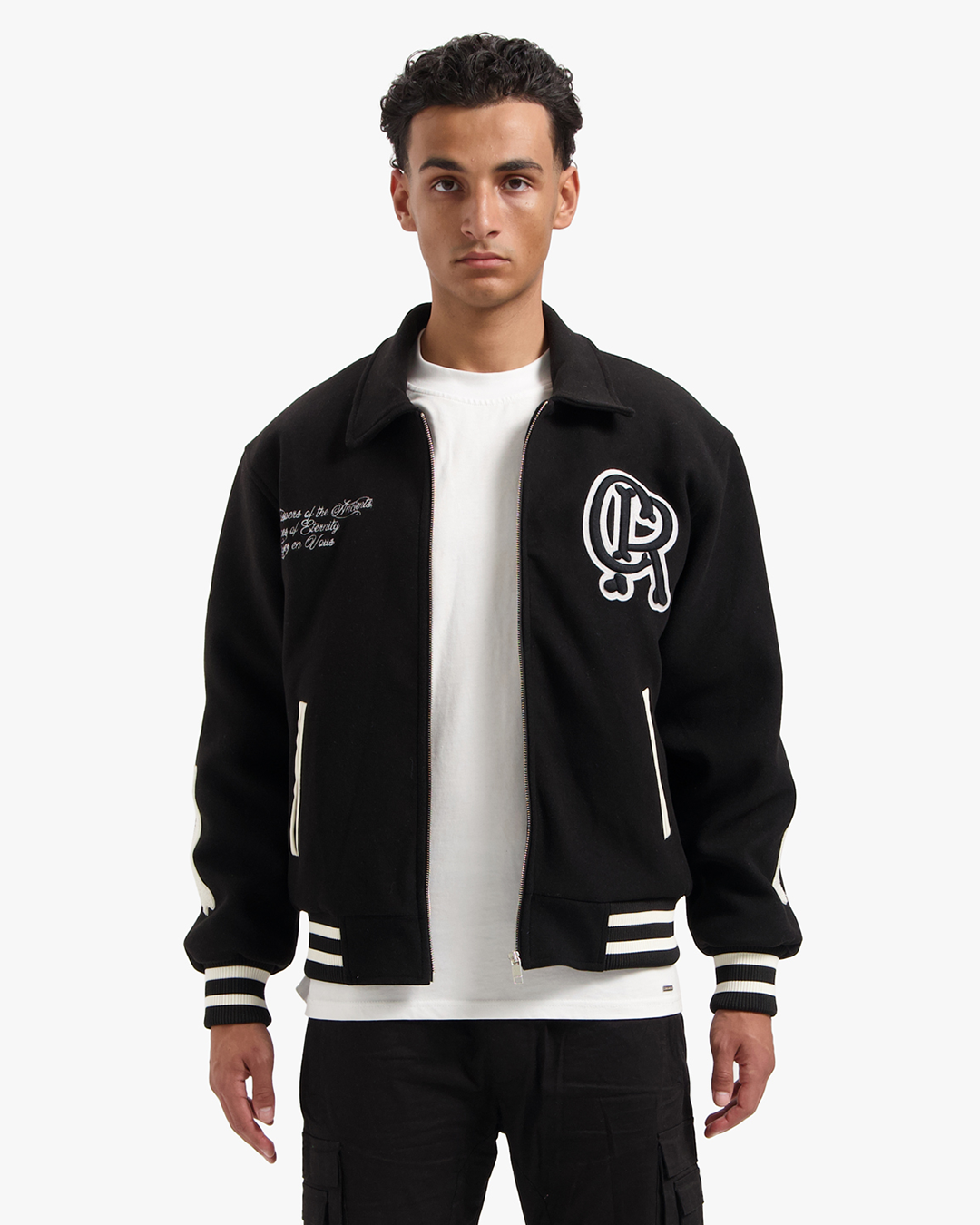 CROYEZ ECHOES OF ETERNITY VARSITY JACKET - BLACK/OFF-WHITE