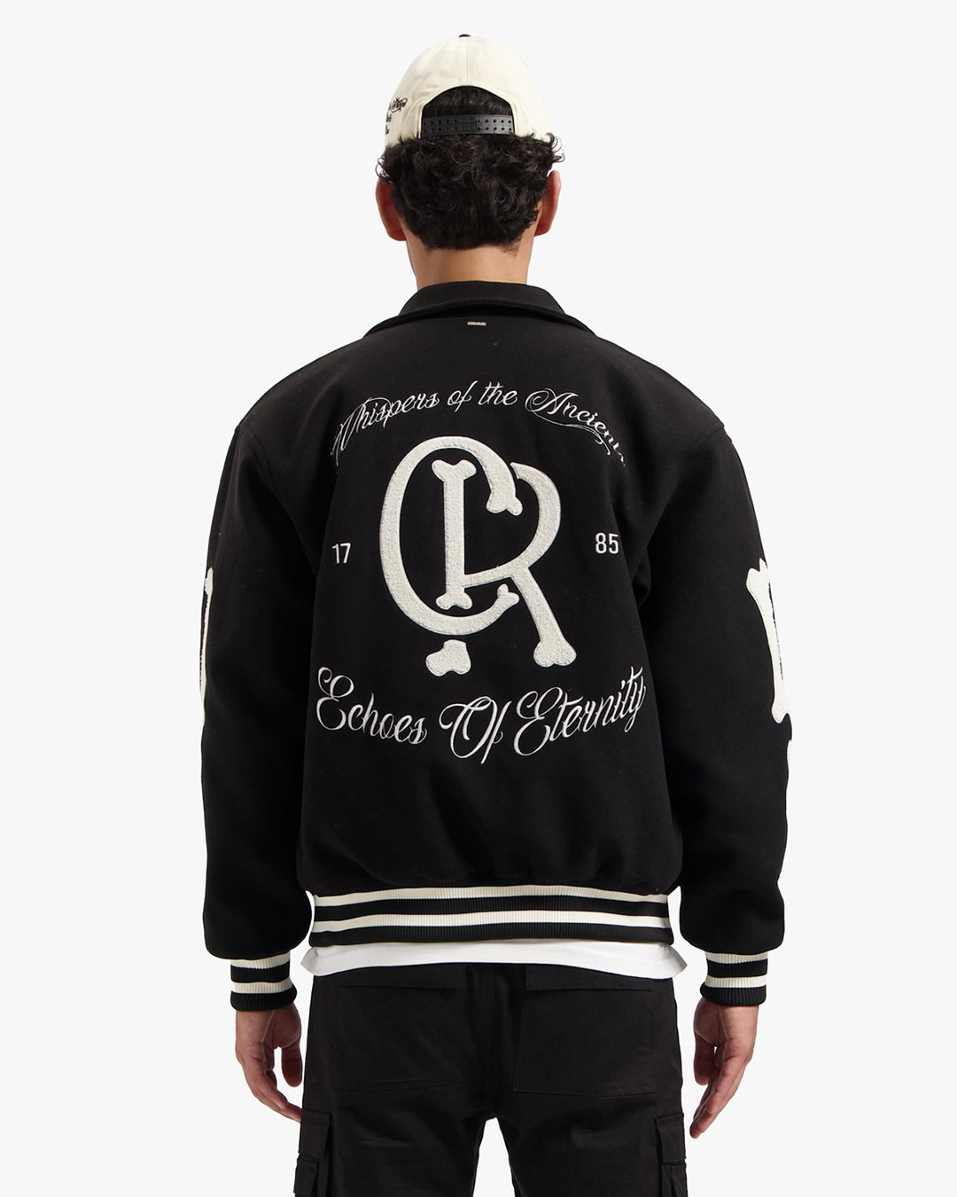 CROYEZ ECHOES OF ETERNITY VARSITY JACKET - BLACK/OFF-WHITE