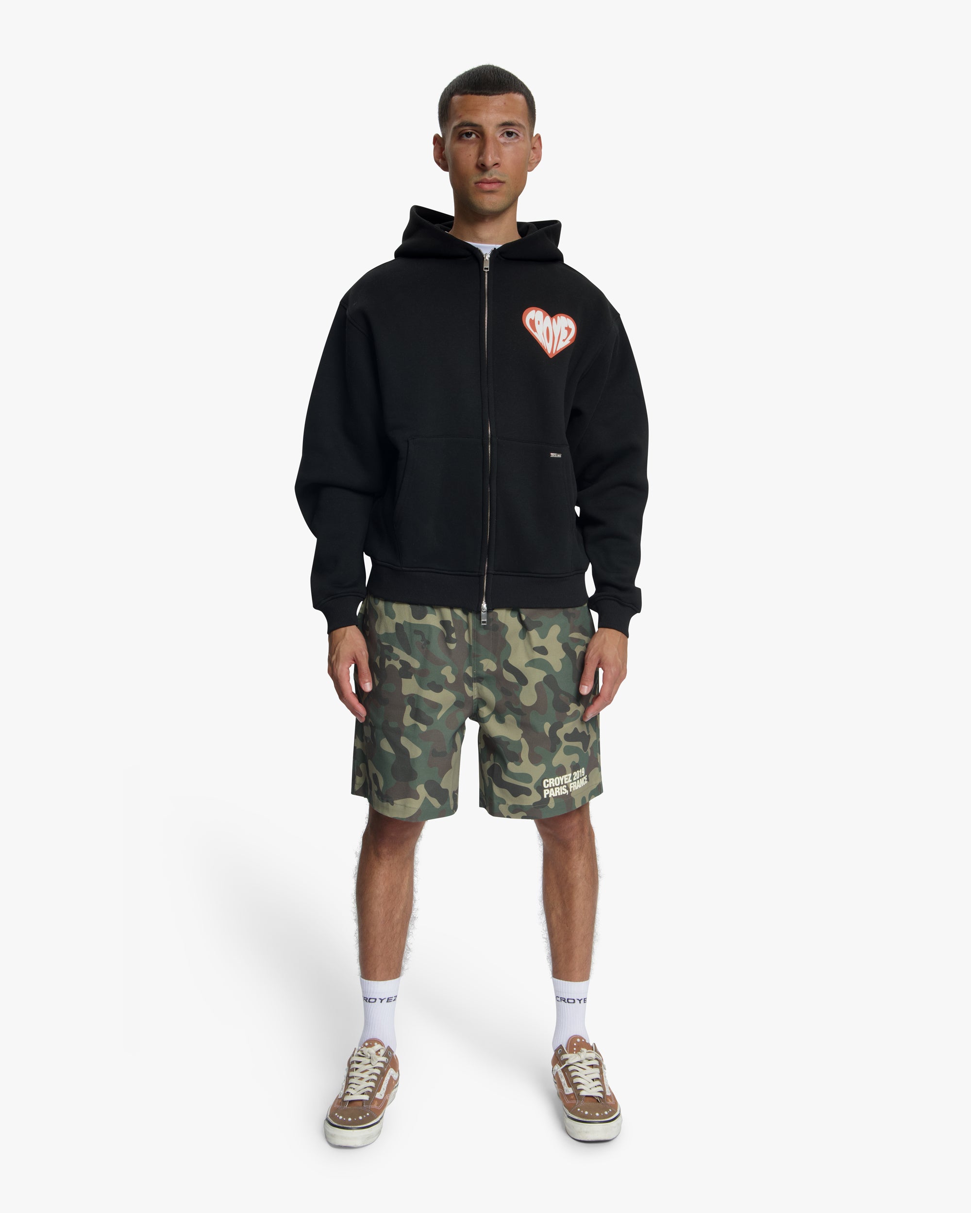 Croyez Puffed Heart Zip Hoodie | Black/Orange