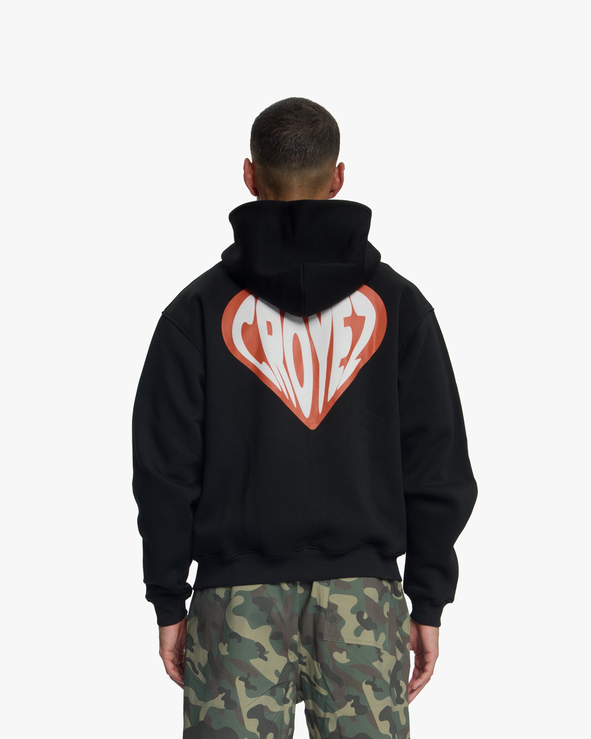 Croyez Puffed Heart Zip Hoodie | Black/Orange