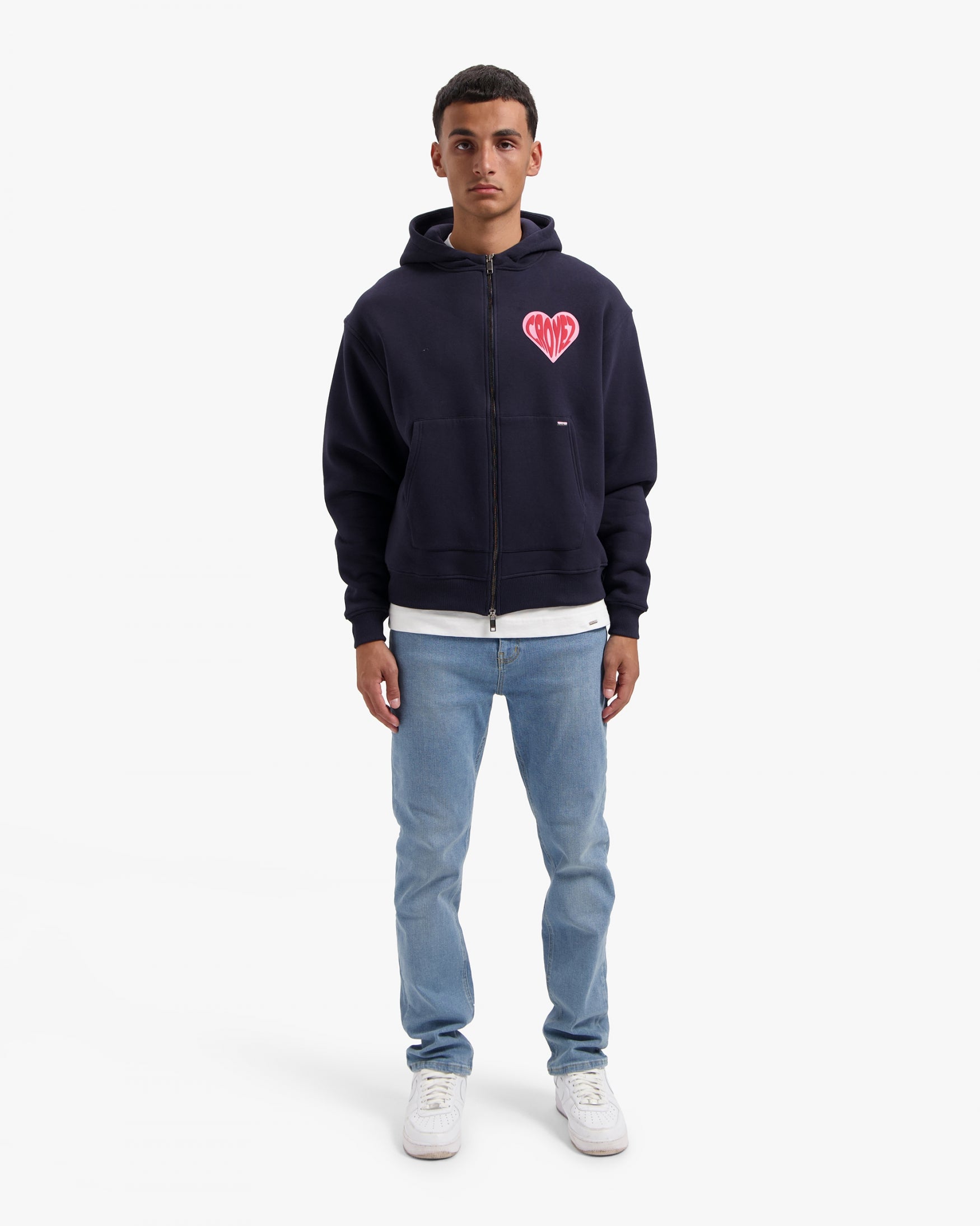 CROYEZ PUFFED HEART ZIP HOODIE | NAVY/RED