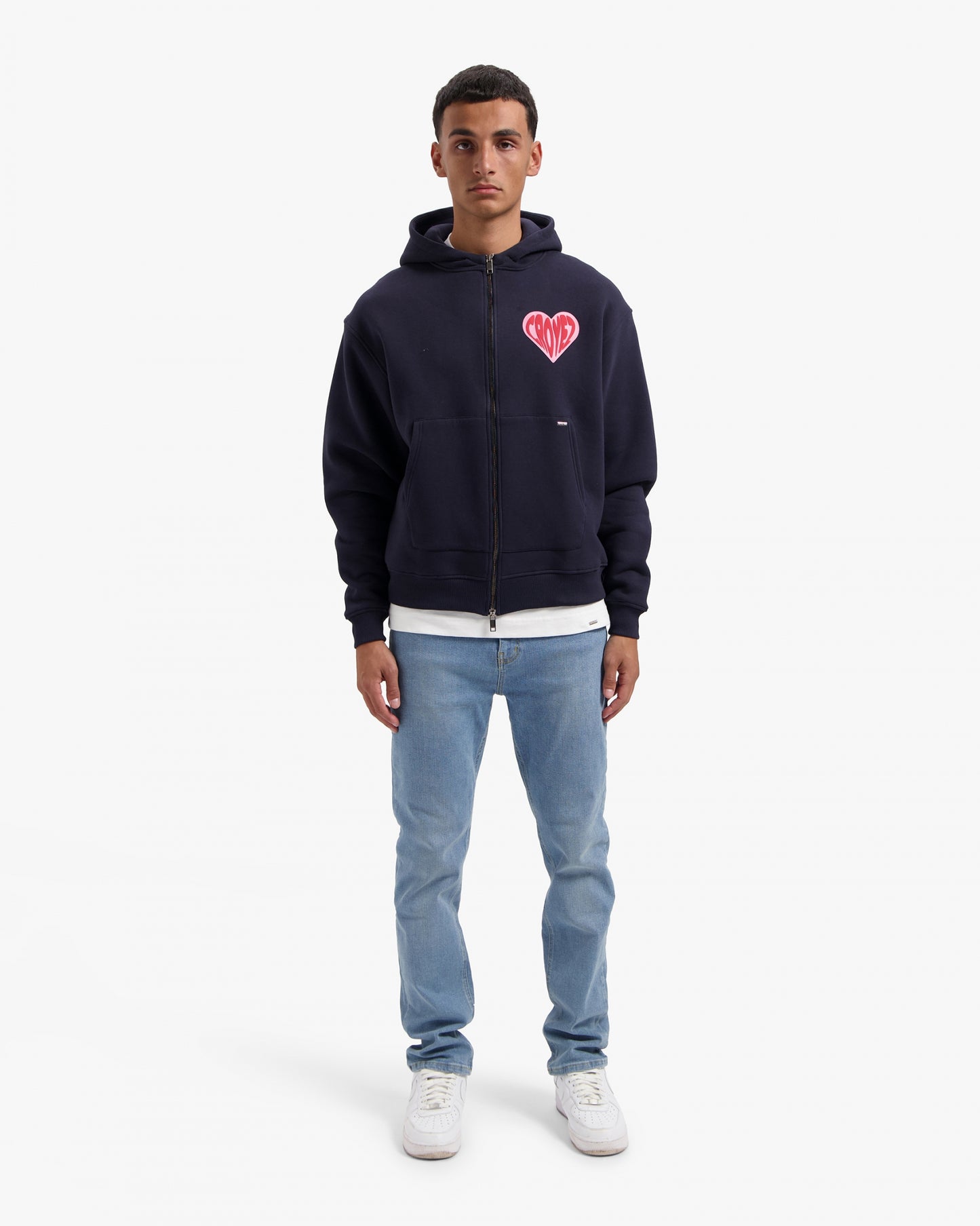 CROYEZ PUFFED HEART ZIP HOODIE - NAVY/RED