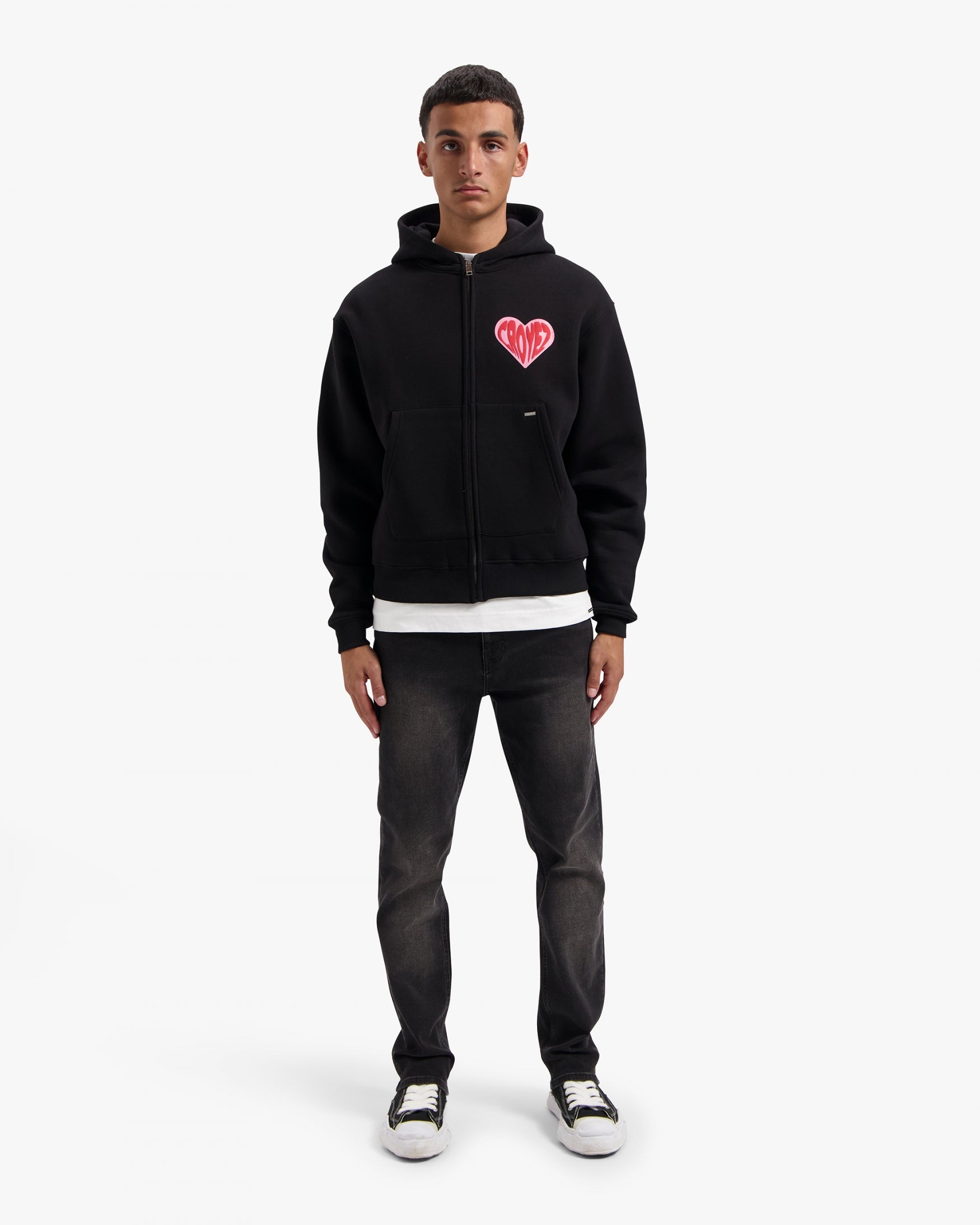 CROYEZ PUFFED HEART ZIP HOODIE | BLACK/RED