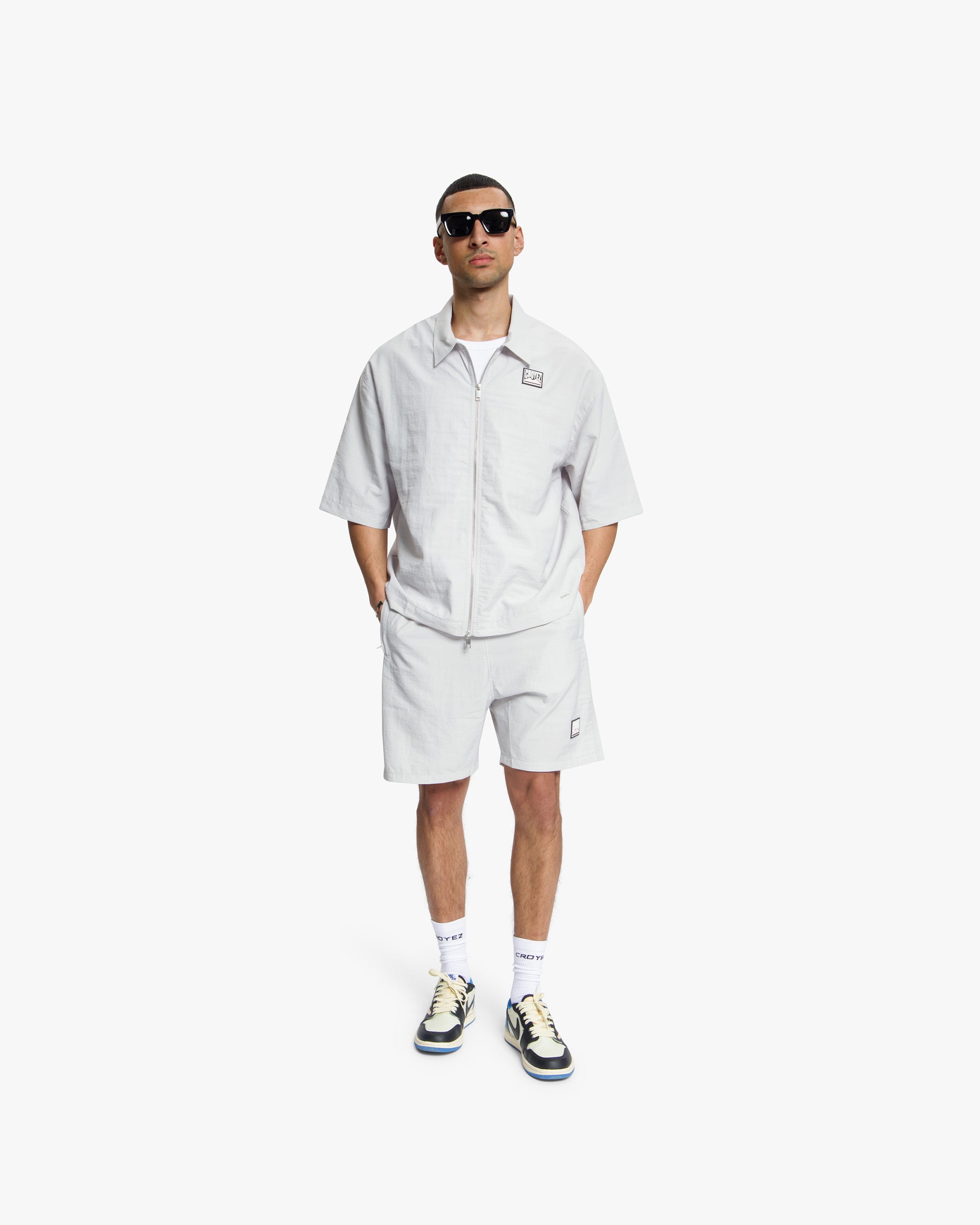 Croyez Crinkle Patch Shorts | Light Grey