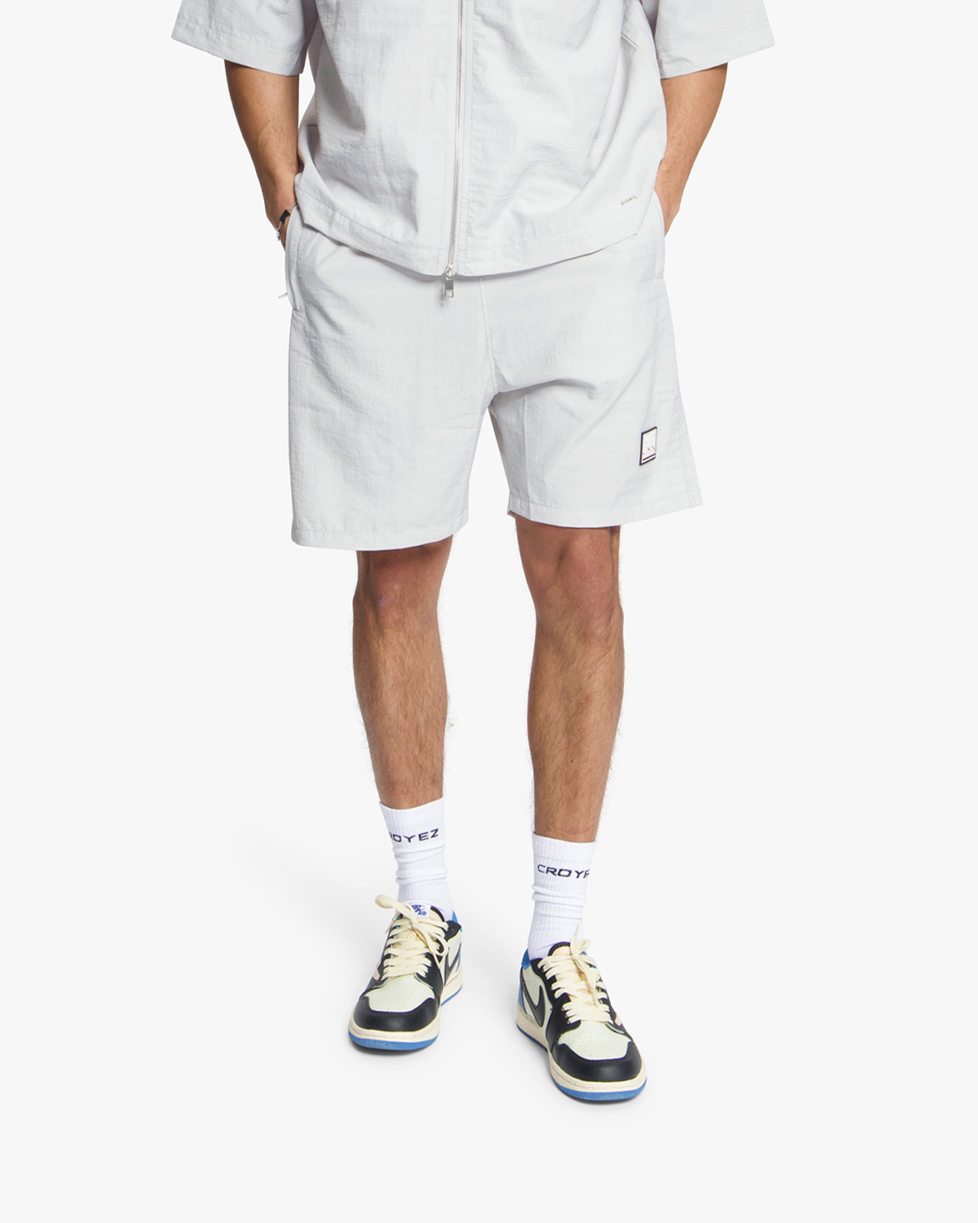 Croyez Crinkle Patch Shorts | Light Grey